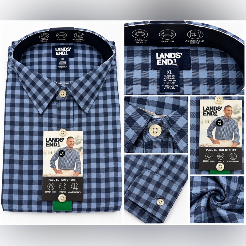Lands' End Men’s Blue Plaid Button-Up Shirt XL